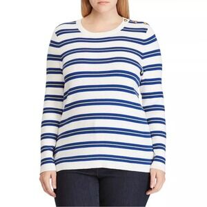 Lauren Ralph Lauren White Blue Yellow‎ Striped Cotton Sweater XL Gold Buttons